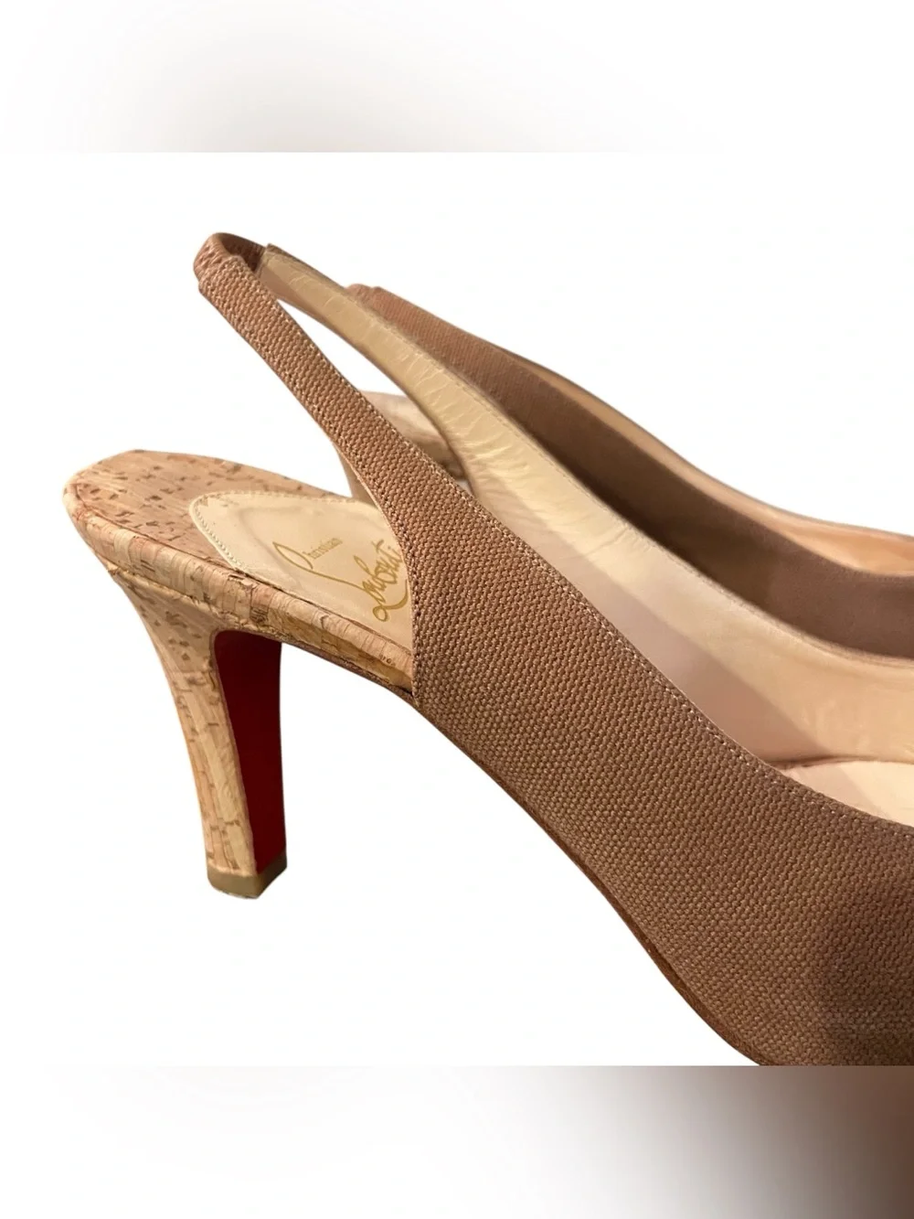 Christian Louboutin Peep Toe Slingback Heels Brown Cork Red Sole Women Size 38 8